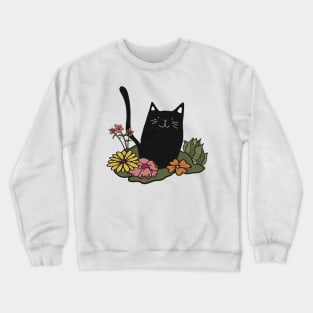 Cute Black Cat in Garden Crewneck Sweatshirt